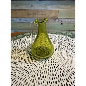Vtg Crackle Glass Pitcher Applied Handle Chartreuse Green Lime Blown Ruffled